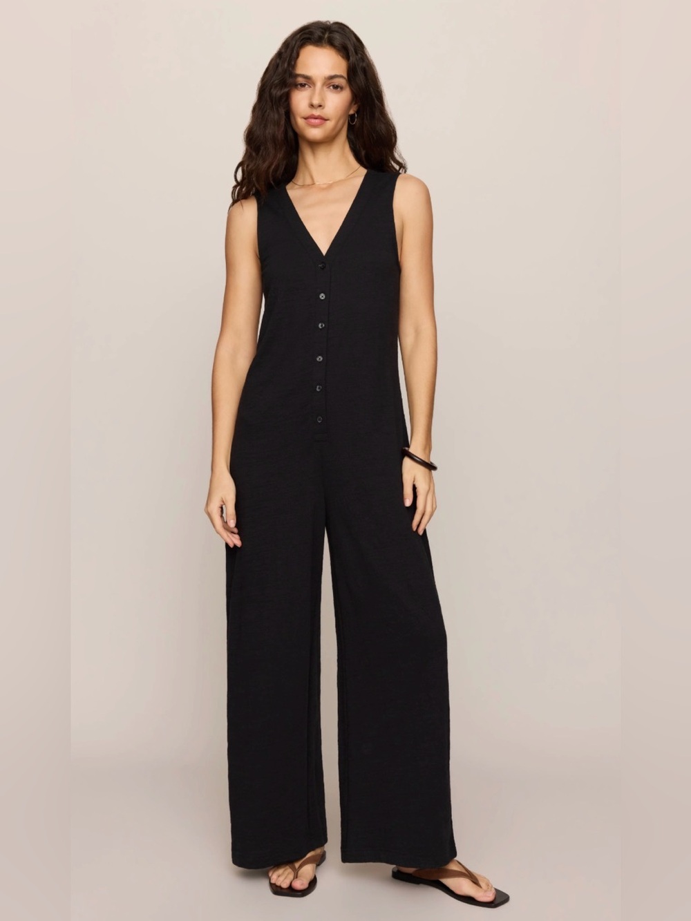 V-Neck Button Front Wide-Leg Jumpsuit - Black